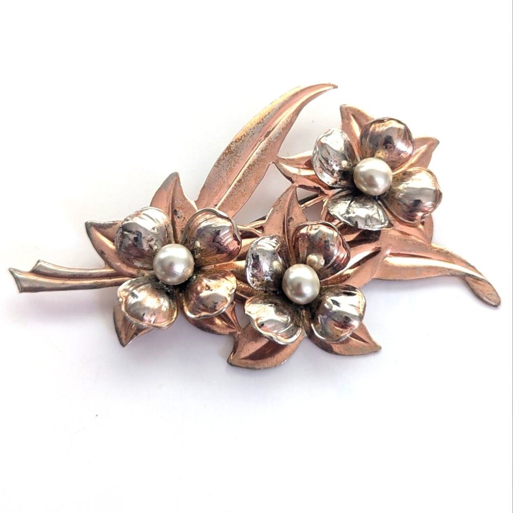 Vintage Estate Sterling Silver Floral Faux Pearl Leaf Branch Large Pin Brooch